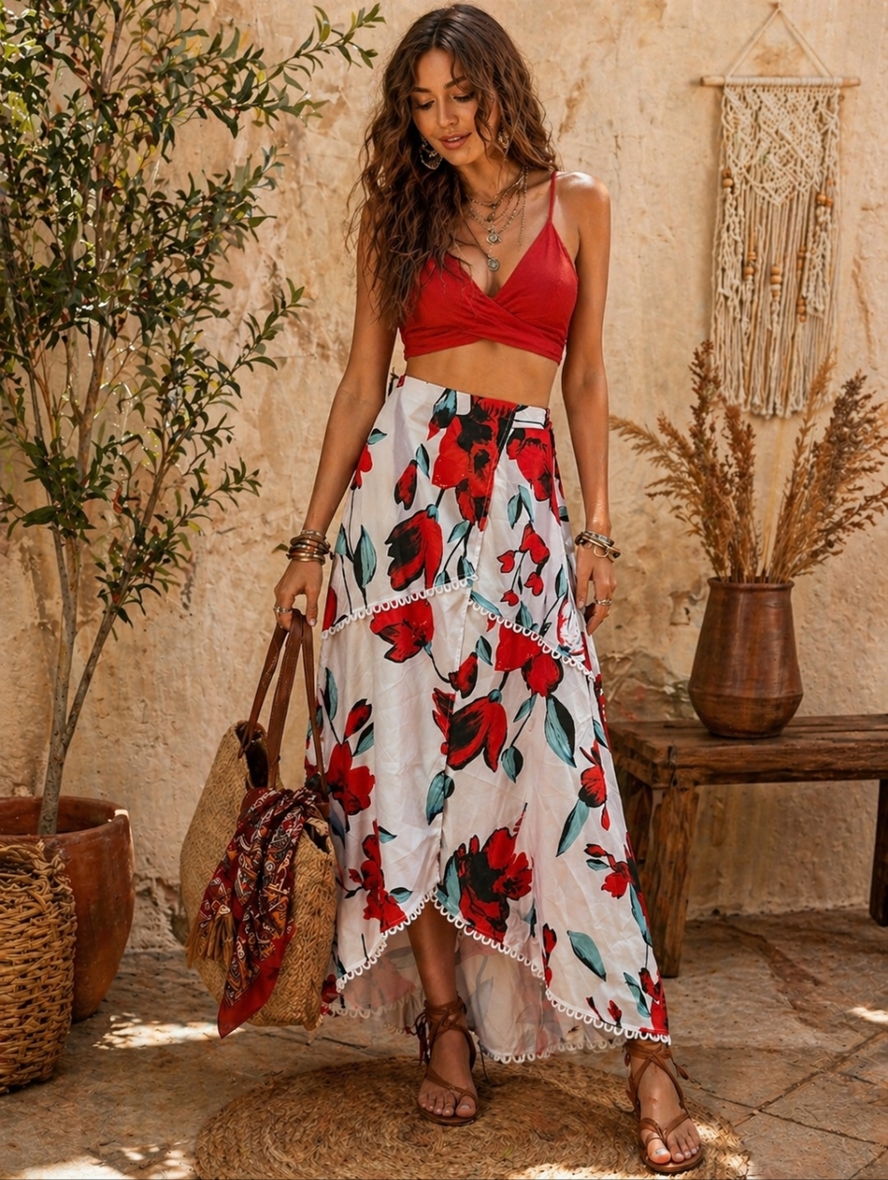 CBR Floral Wrap Midi Skirt with Pom-Pom Trim - White/Red Size Small